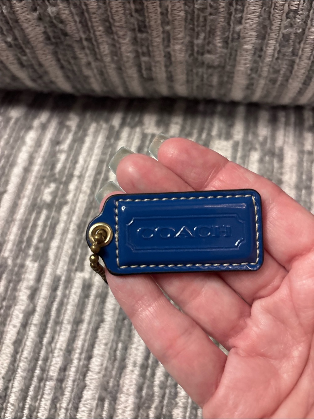 Coach Royal Blue Leather Key Tag with Brass Chain
